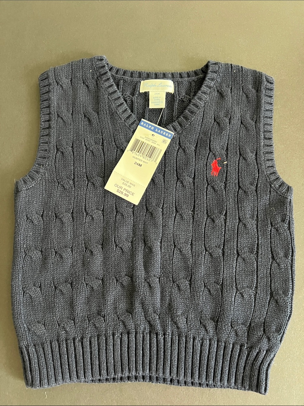 Ralph Lauren Charcoal Cable Knit V-Neck Sweater Vest with Red Pony NWT